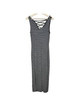 Kismet Striped Maxi Dress Womens Small Crisscross Side Slit Stretch Bodycon